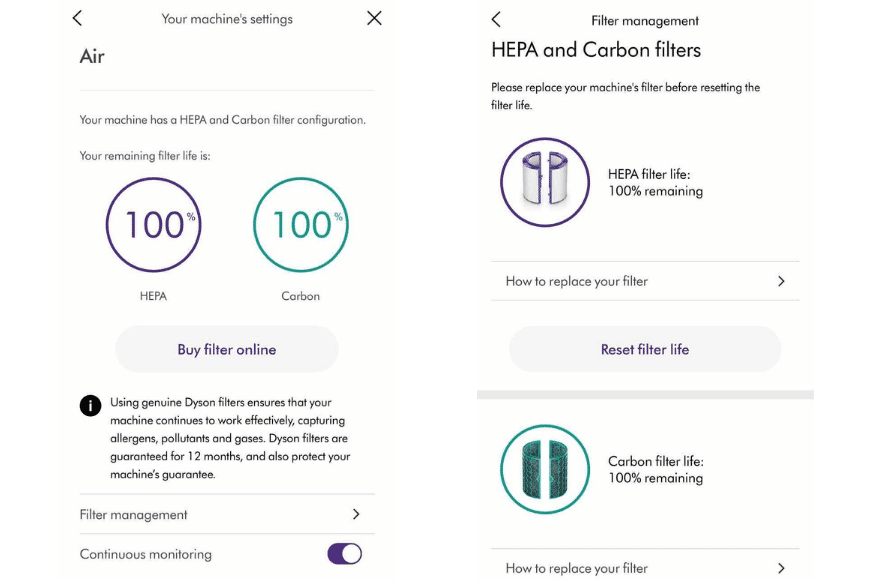 The filter management of the Dyson Link app shows the remaining time of the filters of the Dyson Pure Hot and Cool HP04 air purifier.